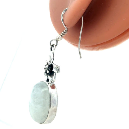 925 Sterling Silver Oval Moonstone Flower Hook Dangle Earrings