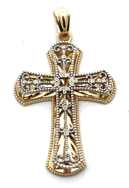 Designer 14K Yellow White Gold Two Tone Open Work Beaded Design Cross Pendant