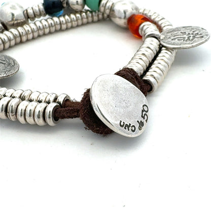 Designer Uno De 50 Multicolored Beaded Silver Plated Two Strand Charm Bracelet
