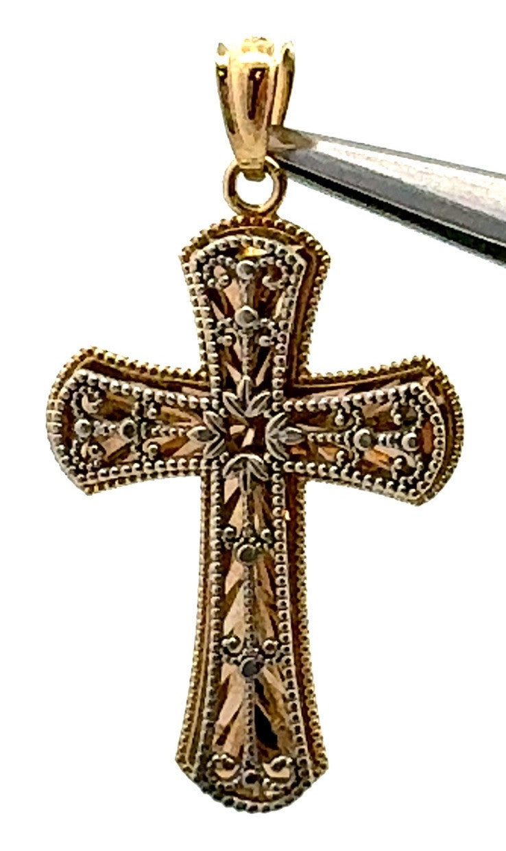 Designer 14K Yellow White Gold Two Tone Open Work Beaded Design Cross Pendant
