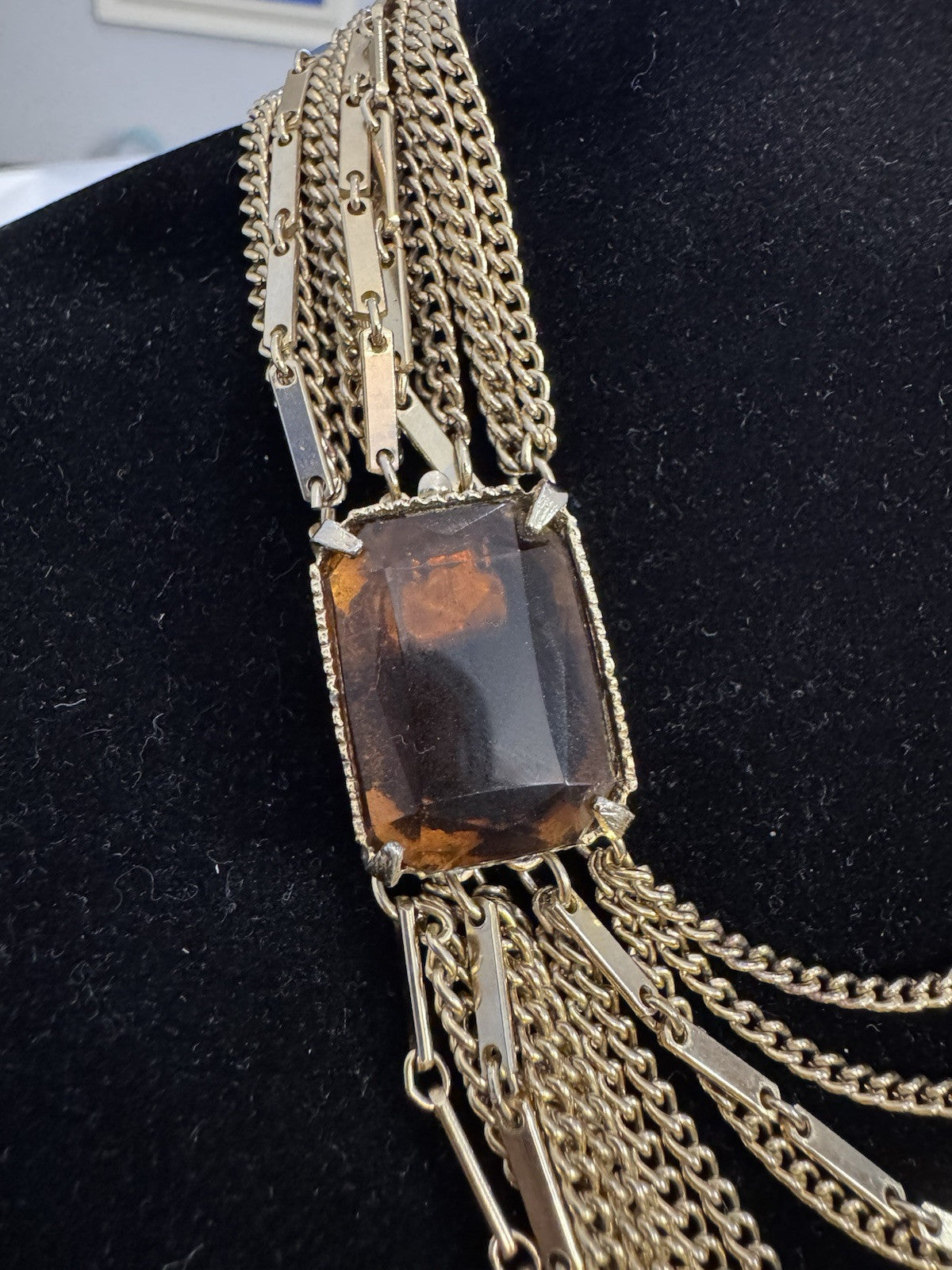 Vintage 1960s Smokey Quartz Gold Toned Multi Strand Layered Necklace