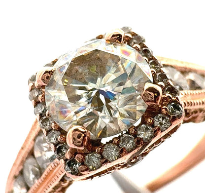 Designer 14K Rose Gold Round White Topaz Square Halo Engagement Ring