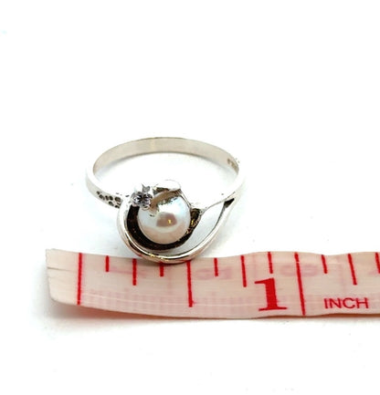 Designer Sterling Silver Pearl Cubic Zirconia Accented Modernist Cocktail Ring