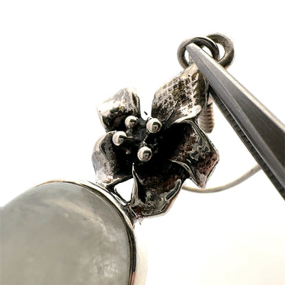 925 Sterling Silver Oval Moonstone Flower Hook Dangle Earrings