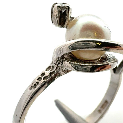 Designer Sterling Silver Pearl Cubic Zirconia Accented Modernist Cocktail Ring