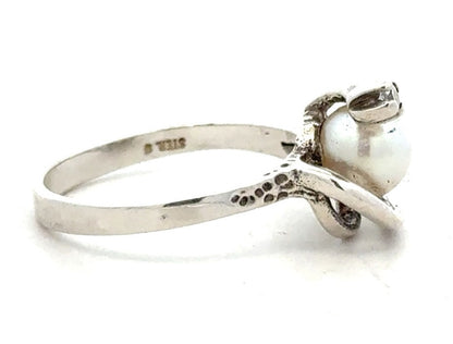 Designer Sterling Silver Pearl Cubic Zirconia Accented Modernist Cocktail Ring