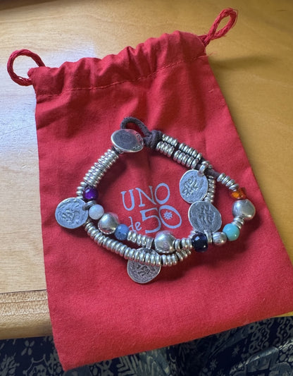 Designer Uno De 50 Multicolored Beaded Silver Plated Two Strand Charm Bracelet