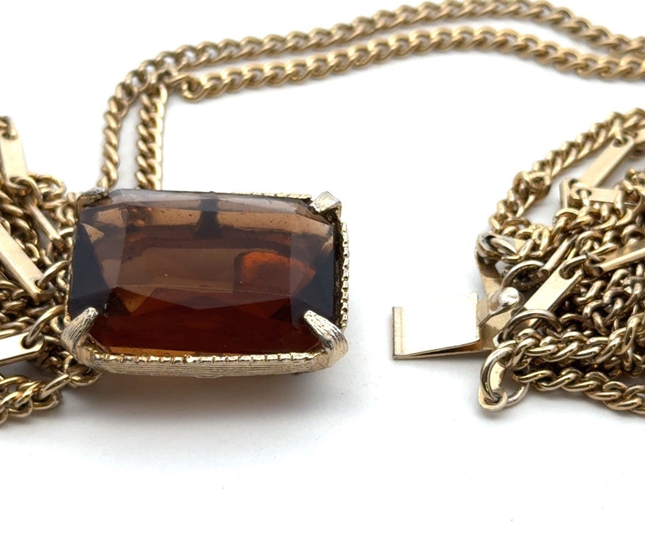 Vintage 1960s Smokey Quartz Gold Toned Multi Strand Layered Necklace