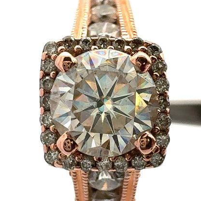 Designer 14K Rose Gold Round White Topaz Square Halo Engagement Ring