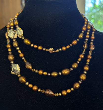 Vintage Bronze Tone Baroque Pearl Crystal Beaded Layering Necklace