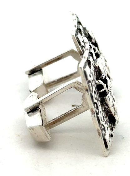 Vintage Embossed Shield 925 Sterling Silver Square Knight Detail Cufflinks