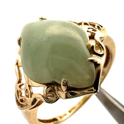 Designer 14K Yellow Gold Clover Green Jade Open Work Ring