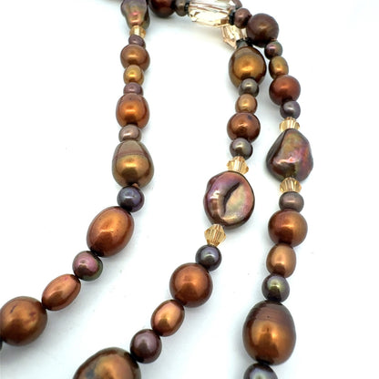 Vintage Bronze Tone Baroque Pearl Crystal Beaded Layering Necklace