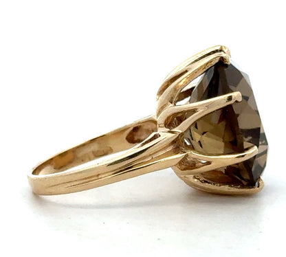 Estate Designer 14K Yellow Gold Round Smoky Topaz Solitaire Statement Ring
