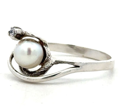 Designer Sterling Silver Pearl Cubic Zirconia Accented Modernist Cocktail Ring