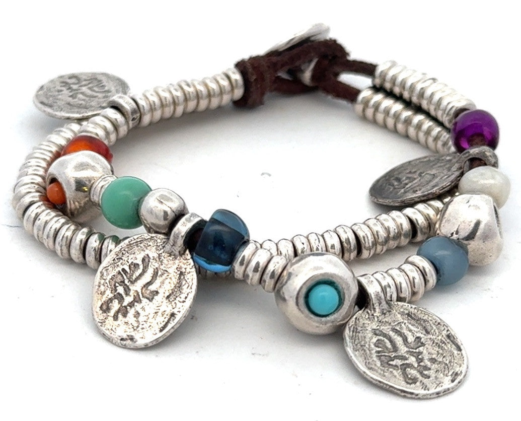 Designer Uno De 50 Multicolored Beaded Silver Plated Two Strand Charm Bracelet