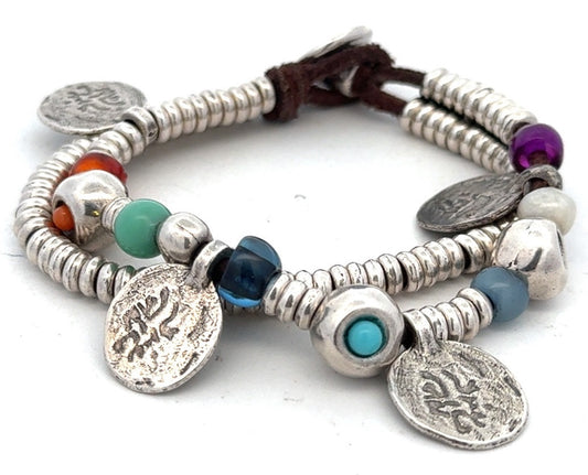 Designer Uno De 50 Multicolored Beaded Silver Plated Two Strand Charm Bracelet