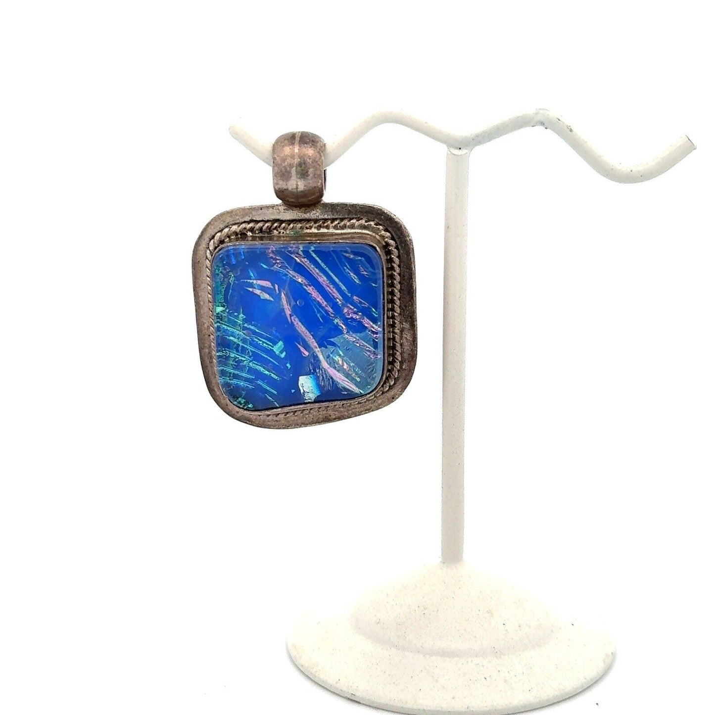 Vintage 925 Sterling Silver Square Blue Diacrylic Glass Statement Pendant