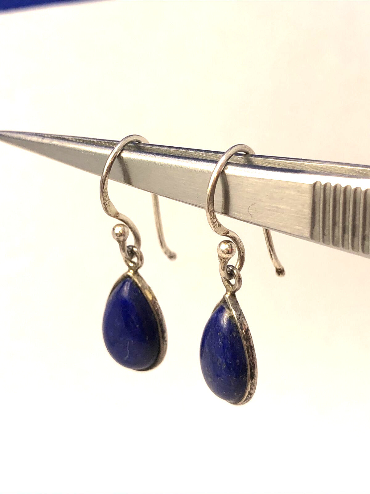 Vintage 925 Sterling Silver Pear Shape Lapis Lazuli Hook Dangle Earrings