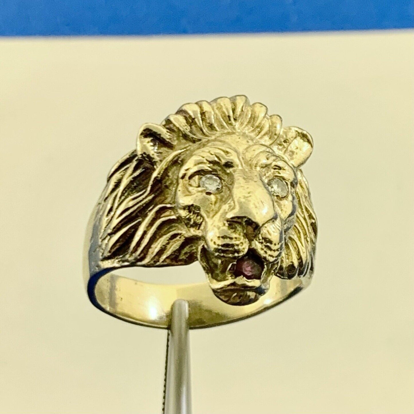 Custom 14K Yellow Gold Diamond Eyes Ruby Mouth Lions Head Statement Ring