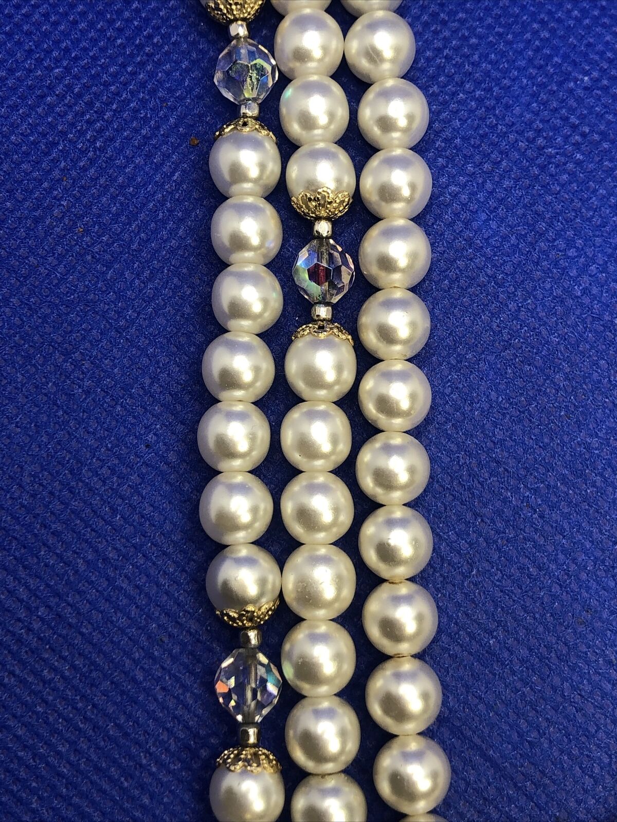 Mid Century Japan Faux Pearl & Crystal Bead 3 Strand Statement Choker Necklace