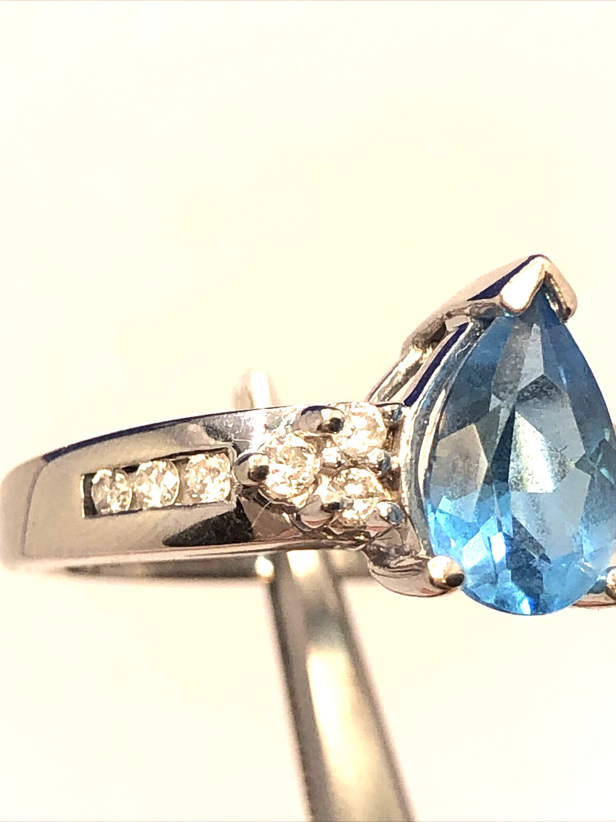 Designer 14K White Gold Pear Blue Topaz Round Diamond Engagement Size 7 Ring