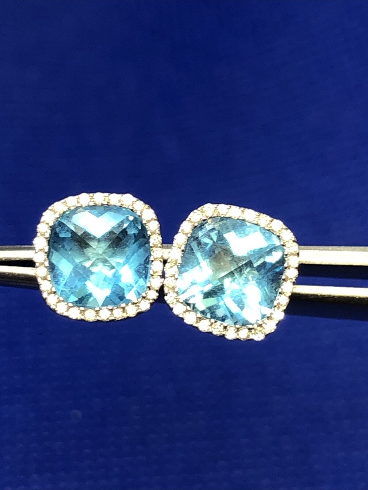 18K White Gold Square Cushion Cut Blue Topaz White Topaz Accents Stud Earrings