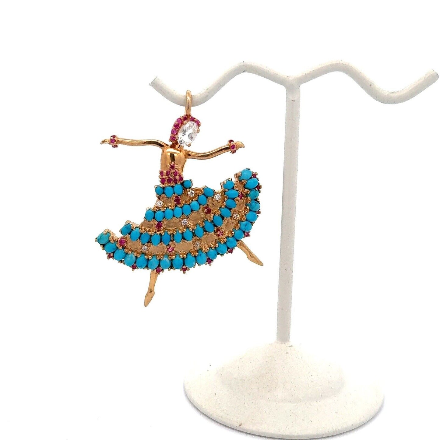 925 Sterling Silver Vermeil White Topaz Turquoise Ruby Flemenco Dancer Pendant