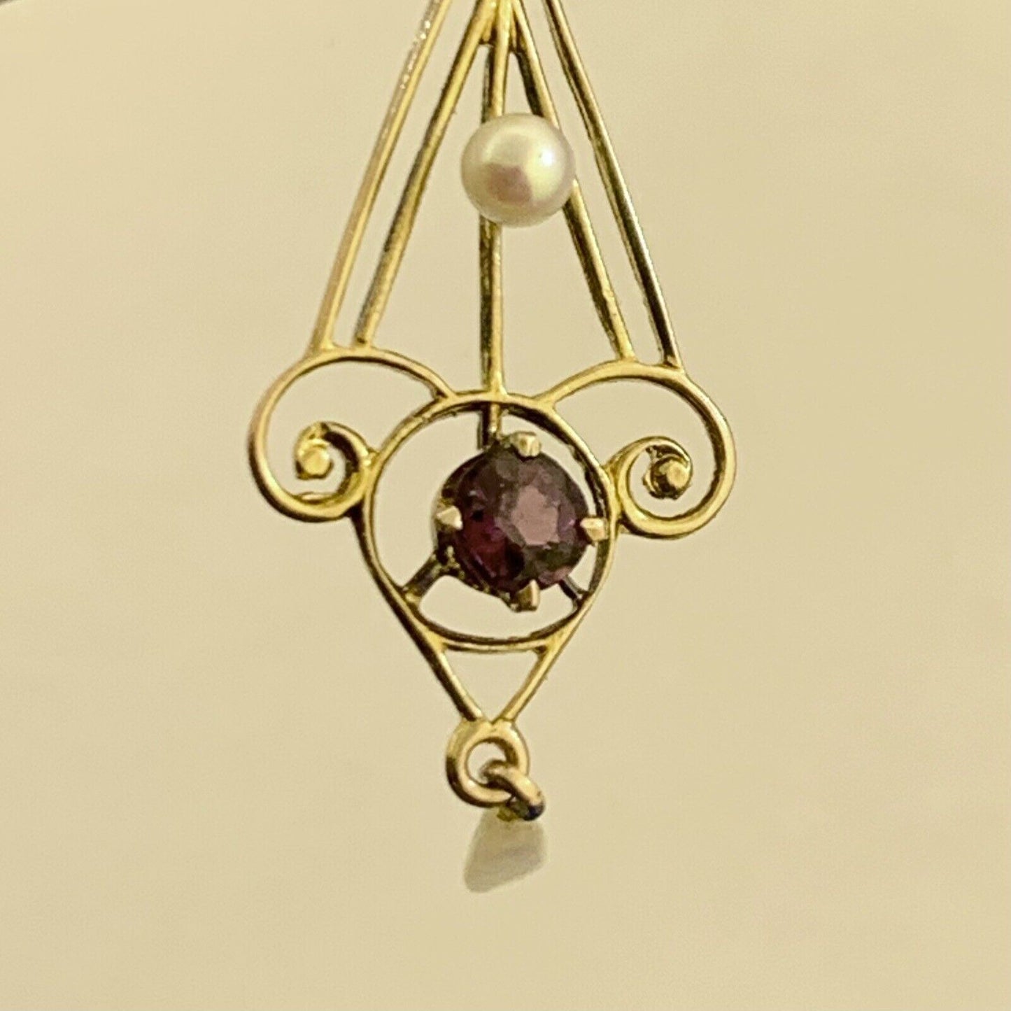 Vintage 10K Yellow Gold Amethyst Rice Pearl Dangle Filigree Swirl Pendant