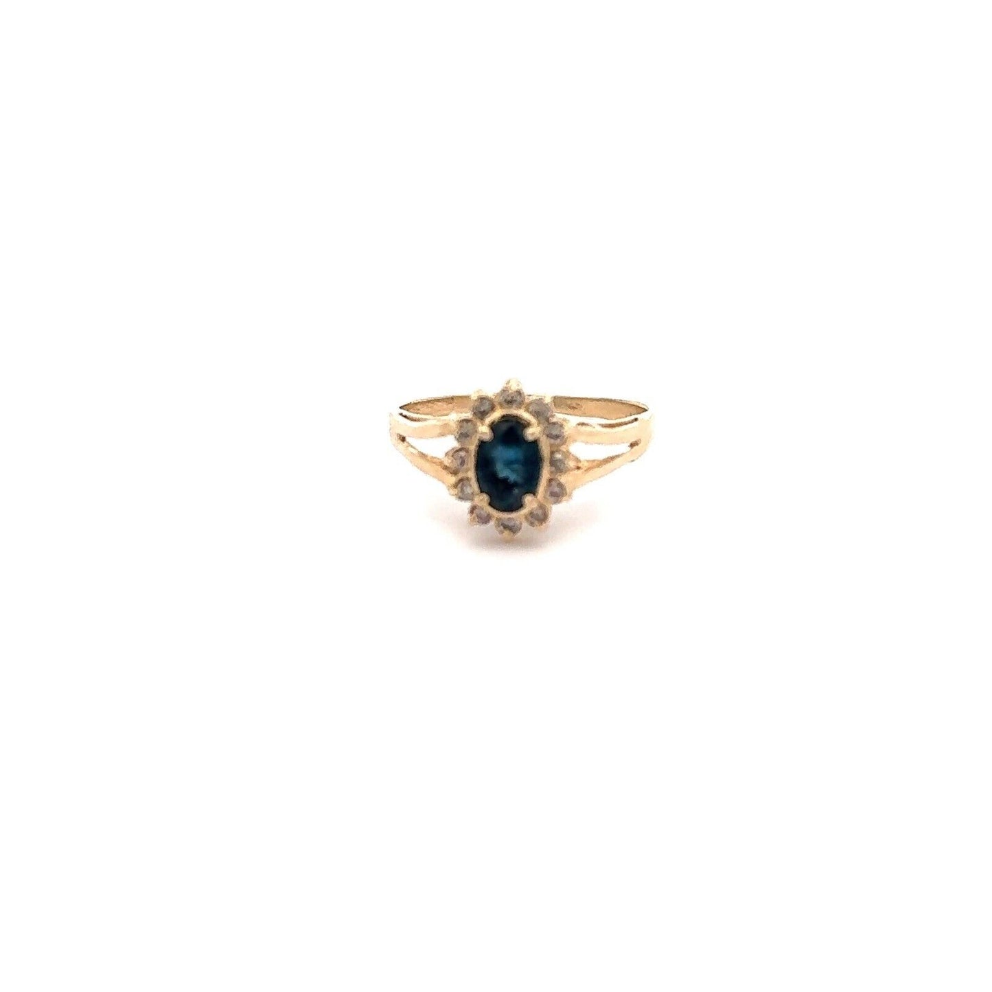 Vintage 14K Yellow Gold Oval Blue Sapphire Round Diamond Halo Anniversary  Ring