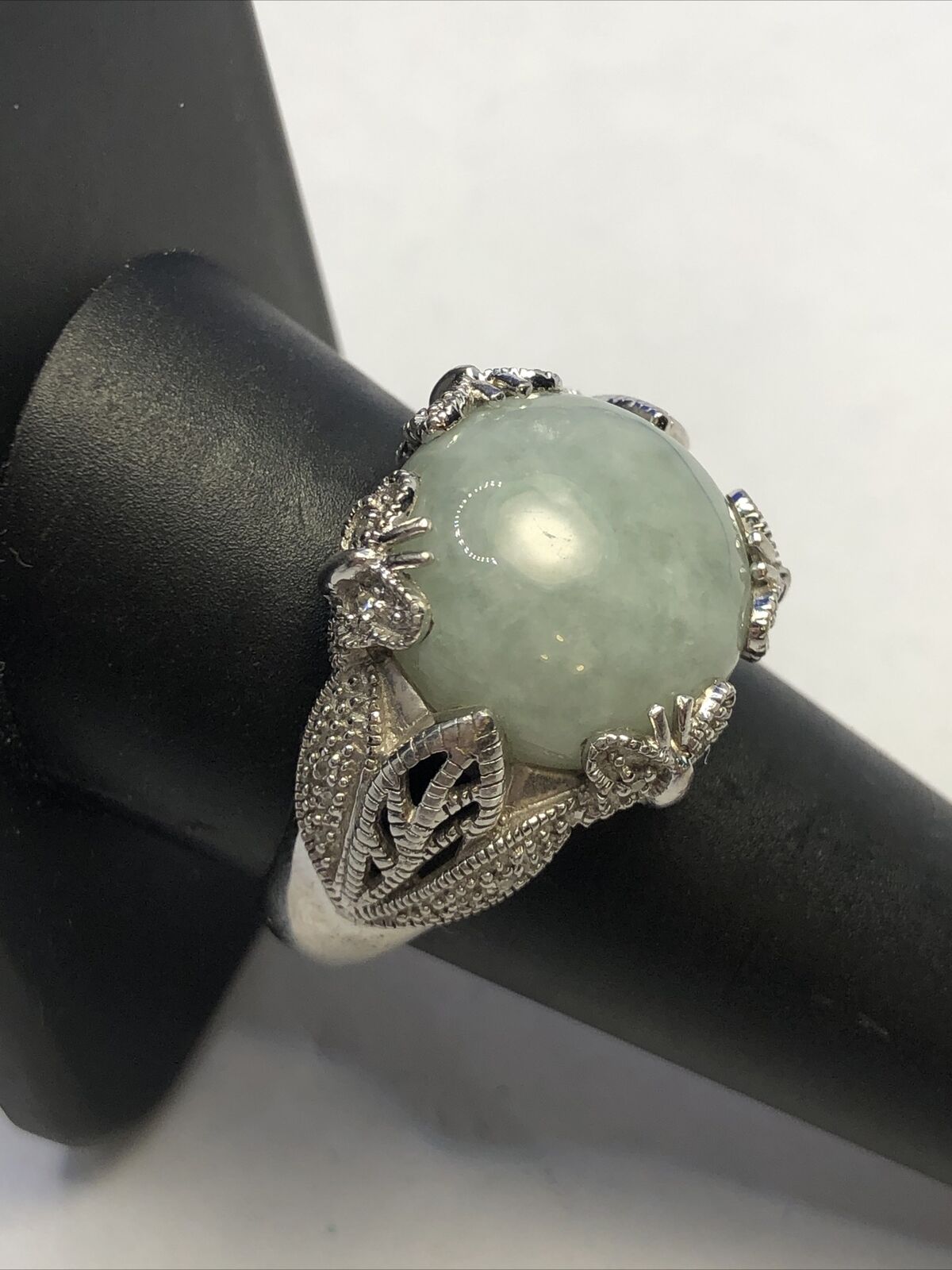 Designer EA 925 Sterling Silver Round Jade Diamond Accents Butterfly Detail Ring