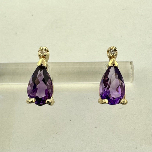 Designer AIL 14K Yellow Gold Pear Shaped Amethyst Diamond Accent Stud Earrings