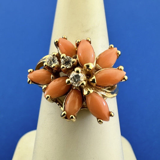 Designer 14K Yellow Gold Pink Coral Diamond Statement Cocktail Ring