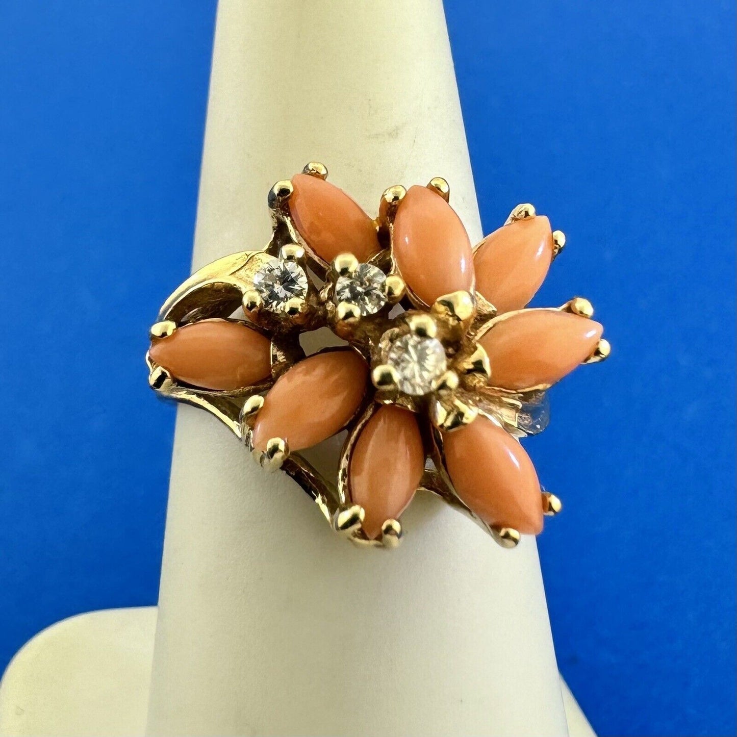 Designer 14K Yellow Gold Pink Coral Diamond Statement Cocktail Ring