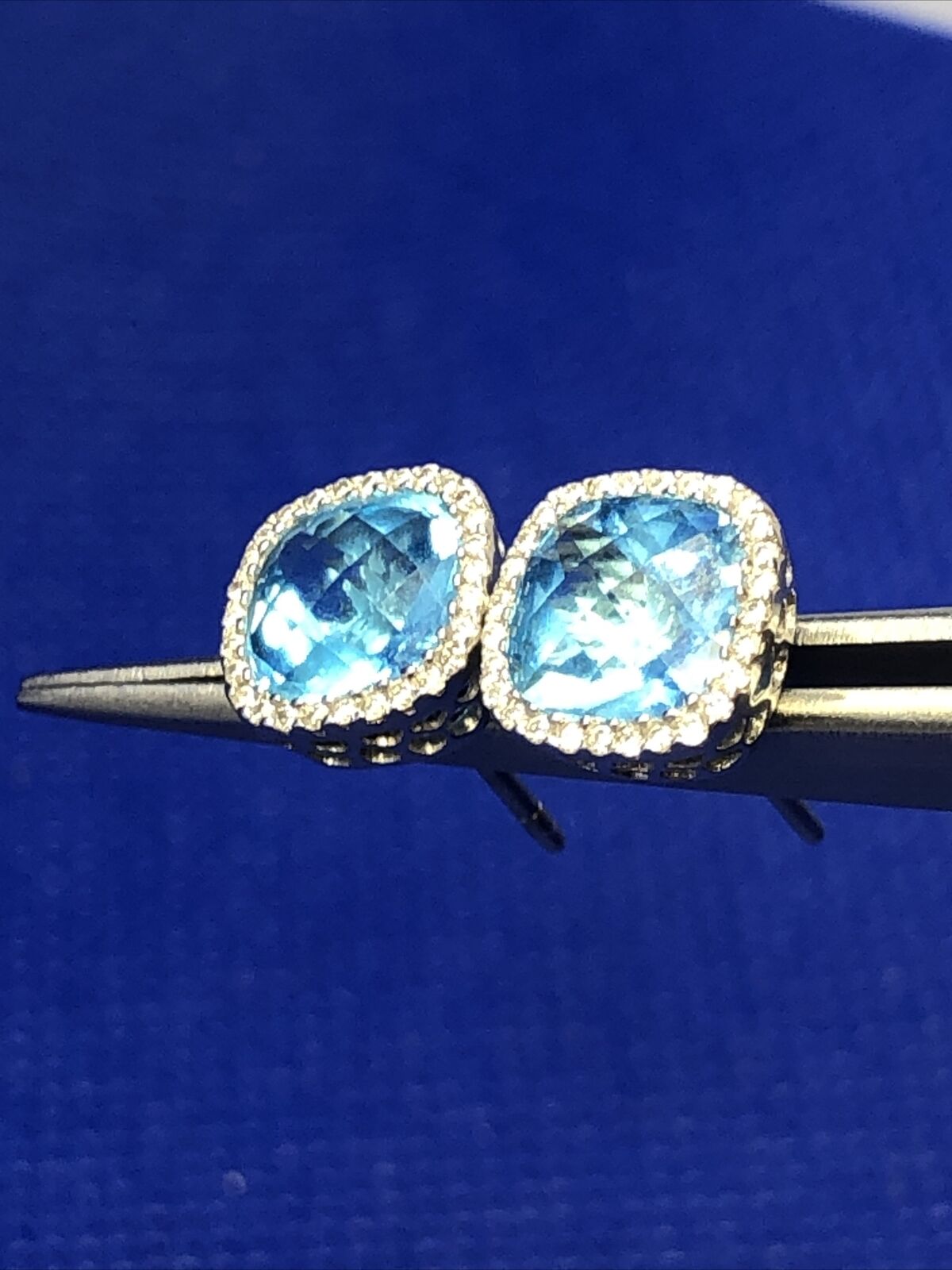 18K White Gold Square Cushion Cut Blue Topaz White Topaz Accents Stud Earrings