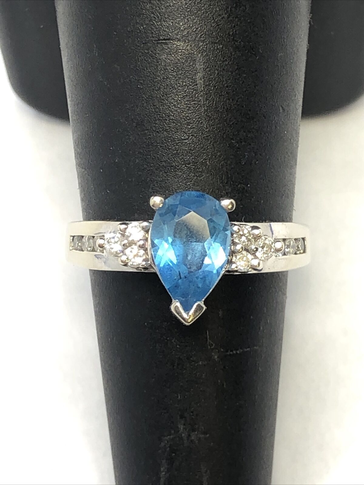 Designer 14K White Gold Pear Blue Topaz Round Diamond Engagement Size 7 Ring