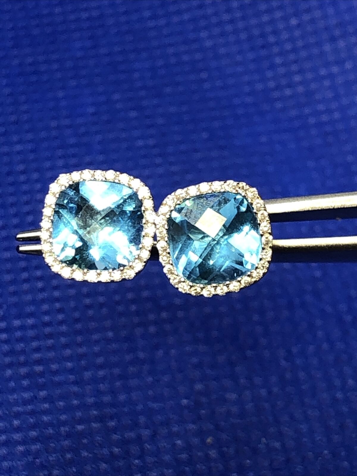 18K White Gold Square Cushion Cut Blue Topaz White Topaz Accents Stud Earrings