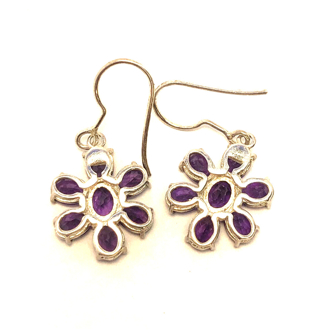 Designer TGGC 925 Sterling Silver Oval Amethyst Flower Dangle Hook Earrings