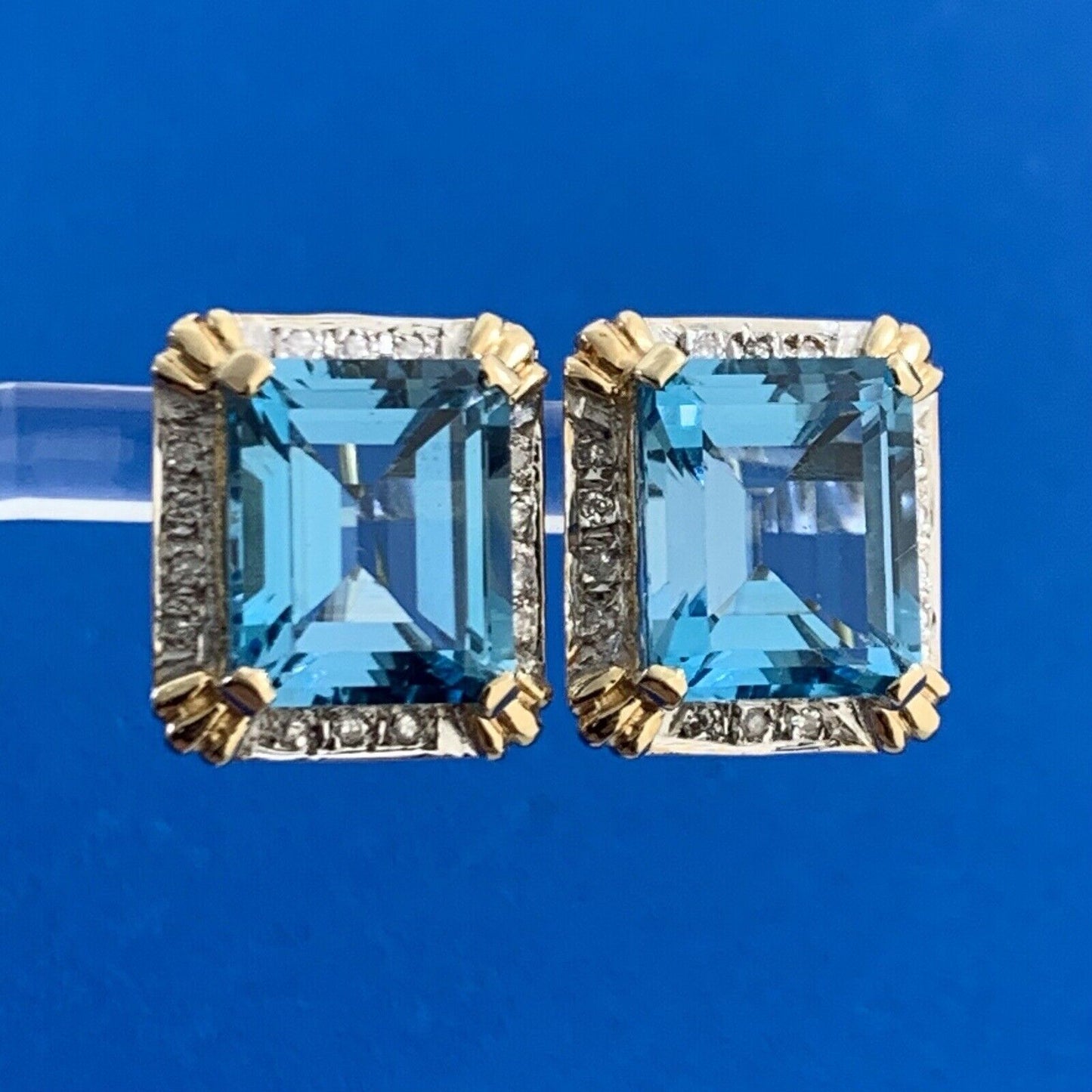 Designer 14K Yellow Gold Emerald Cut Blue Topaz Diamond Halo Omega Back Earrings