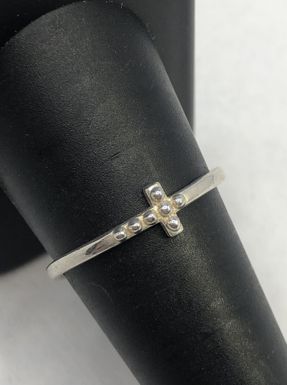 Stackable 925 Sterling Silver Petite Cross Beaded Detail Band Ring