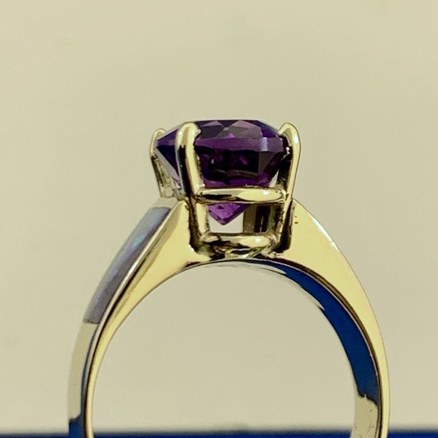 Vintage 14K Yellow Gold Oval Amethyst Opal Inlay Purple Enamel Cocktail Ring