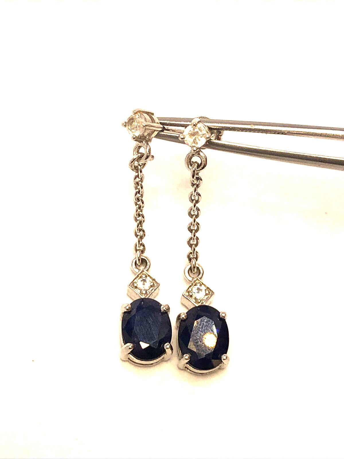 TGGC 925 Sterling Silver Oval Sapphire White Topaz Accents Dangle Stud Earrings