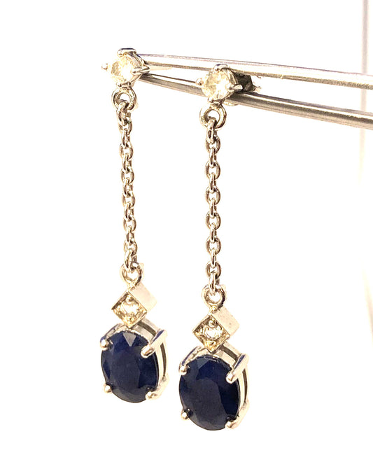 TGGC 925 Sterling Silver Oval Sapphire White Topaz Accents Dangle Stud Earrings