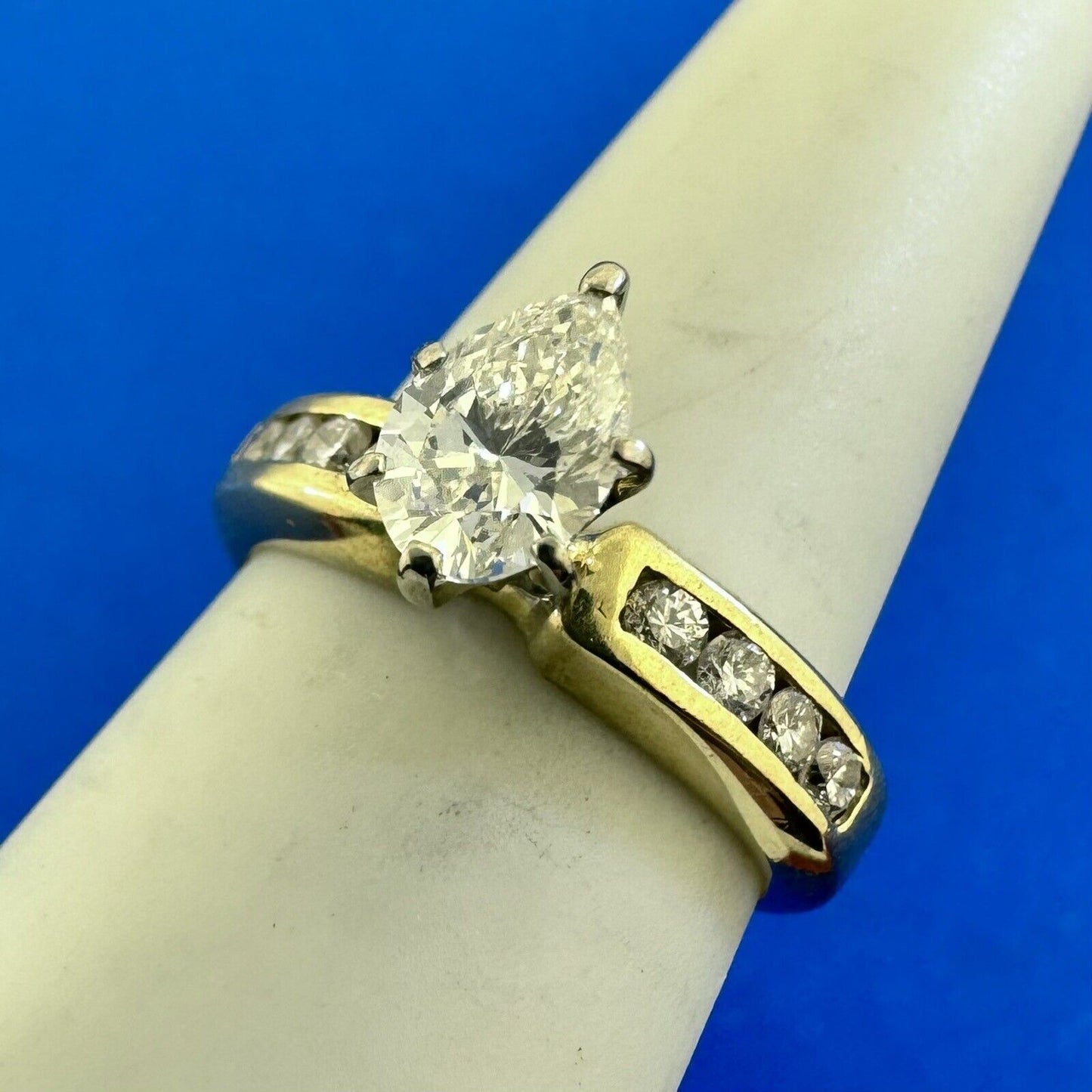 Designer RJK 14K Yellow Gold Pear Diamond Solitaire w/Accents Engagement Ring