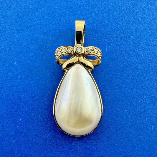 Designer 14K Yellow Gold Teardrop Pearl Diamond Accent Bow Enhancer Pendant