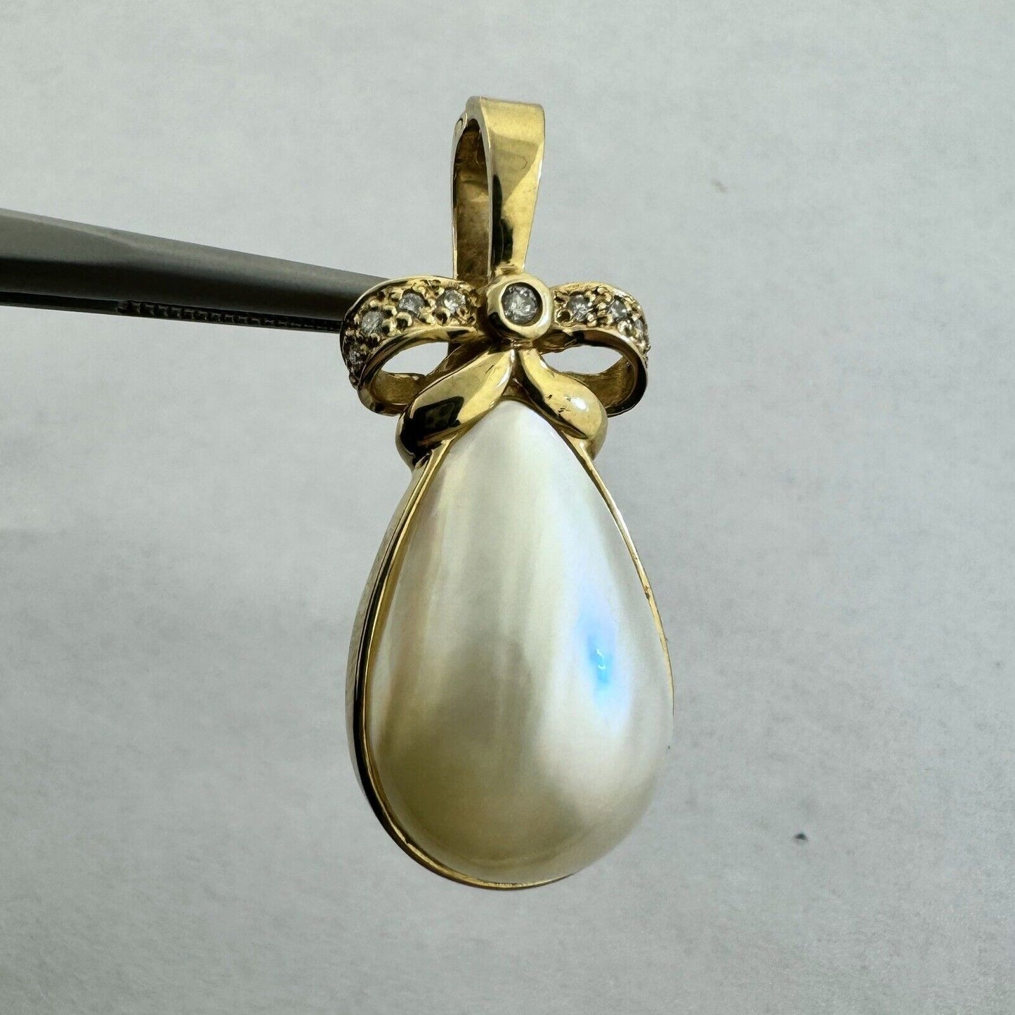 Designer 14K Yellow Gold Teardrop Pearl Diamond Accent Bow Enhancer Pendant