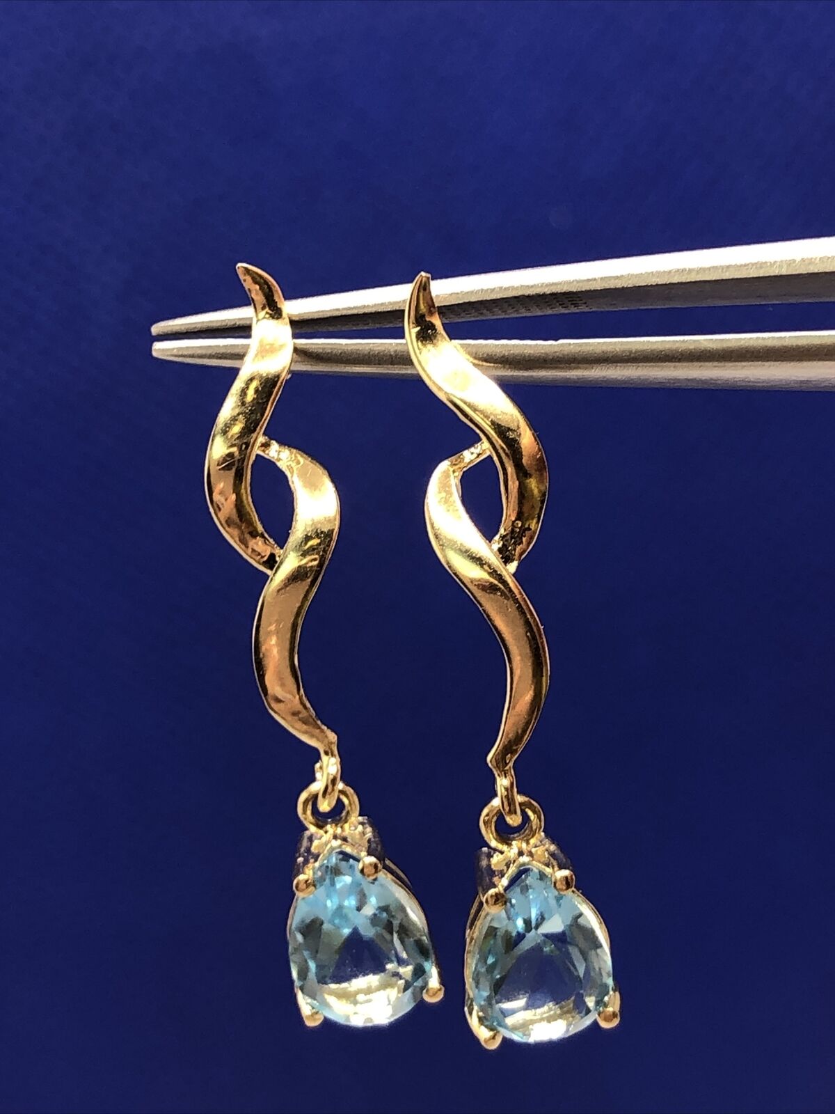 Designer ATL 14K Yellow Gold Pear Cut Blue Topaz Modernist Dangle Stud Earrings