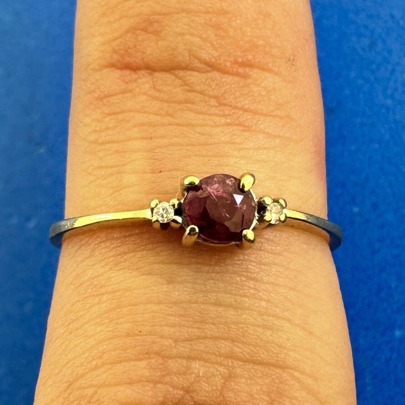 Vintage 14K Yellow Gold Round Ruby Diamond Accents Occasion Promise Ring