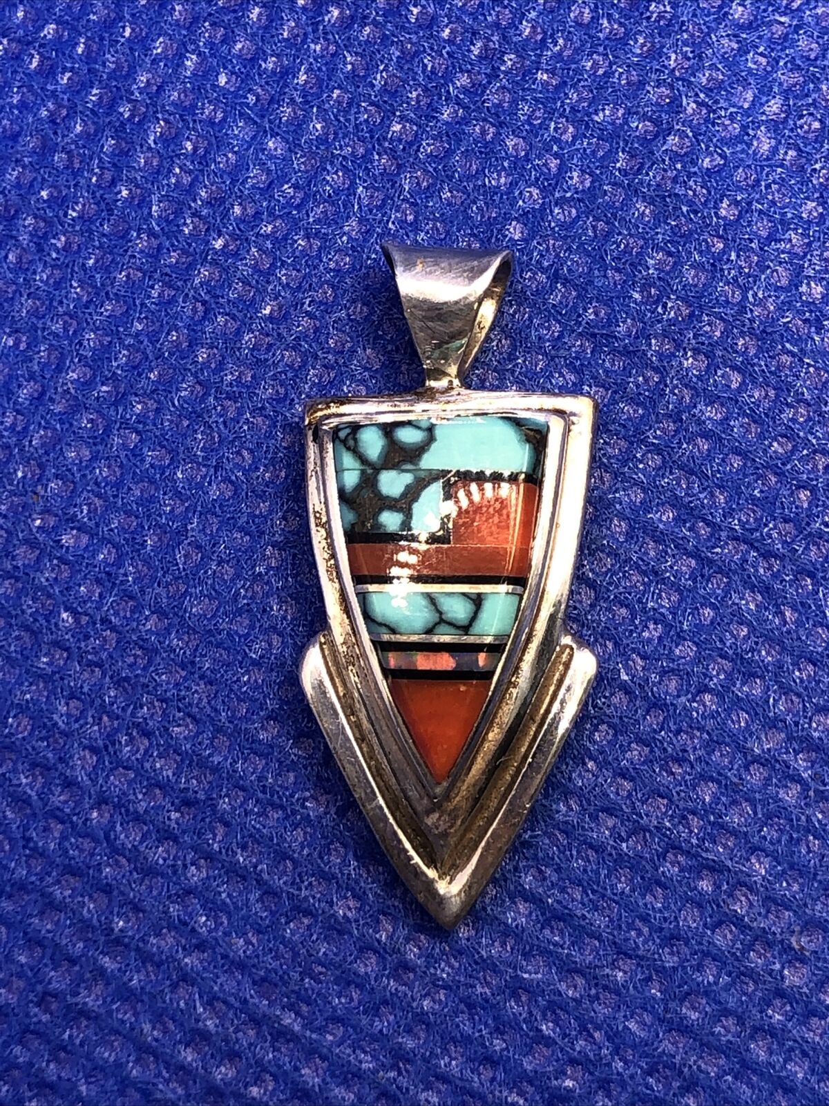 Native American Concho 925 Silver Turquoise Coral Opal Inlay Triangle Pendant