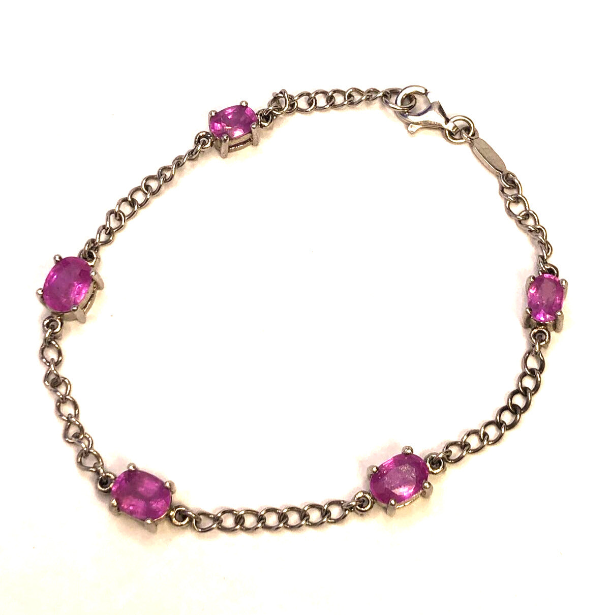 Designer TGGC Sterling Silver Oval Pink Sapphire Station Chain Tennis Bracelet